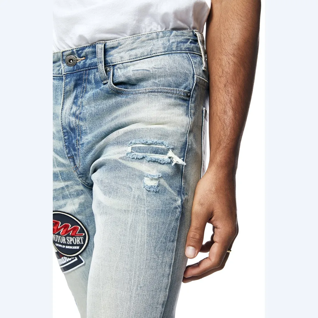 Embroidered Patched Racing Denim Jeans- Beacon Blue