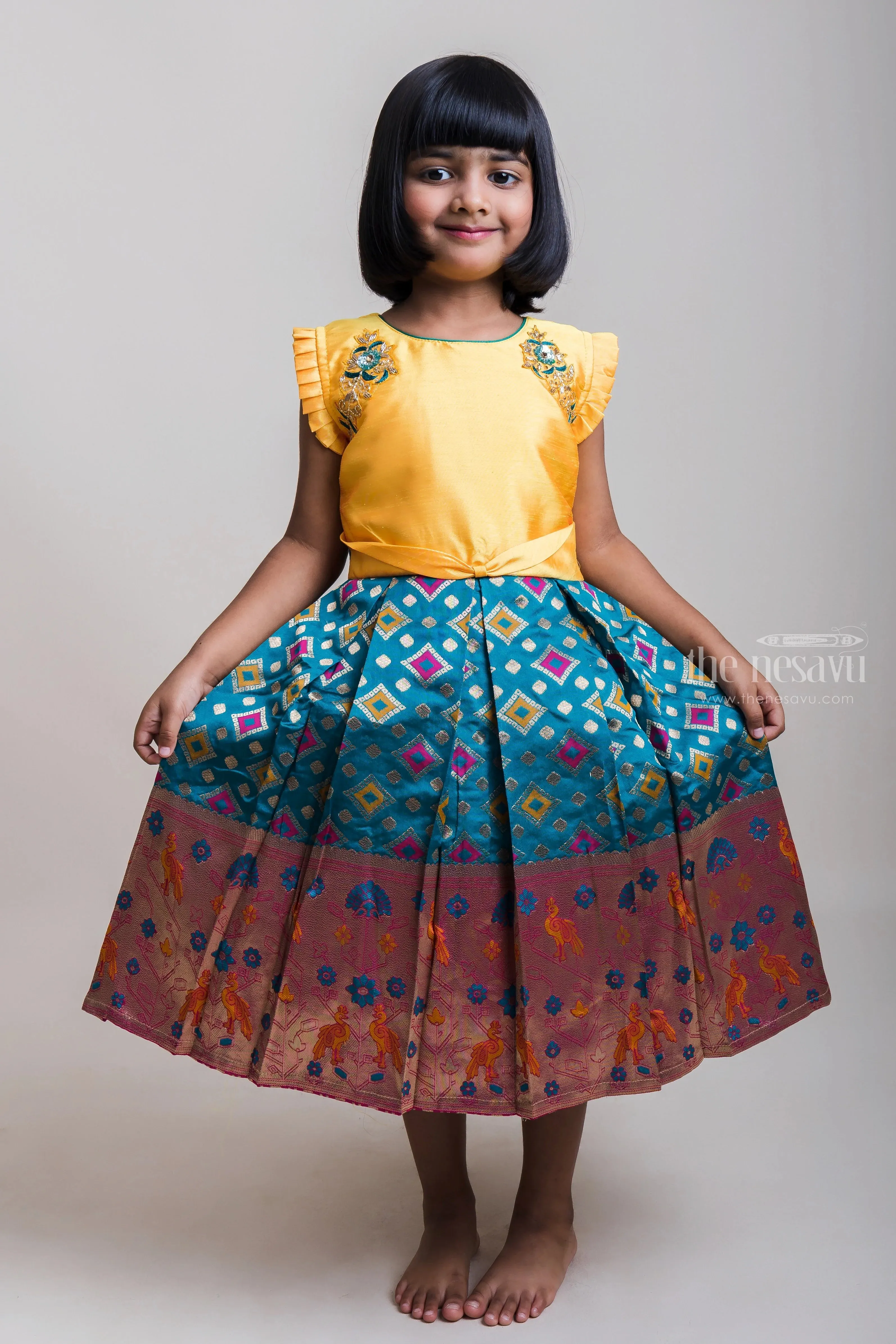 Embroidered Yellow Yoke And Copper-Toned Zari Border Silk Frocks For Girls