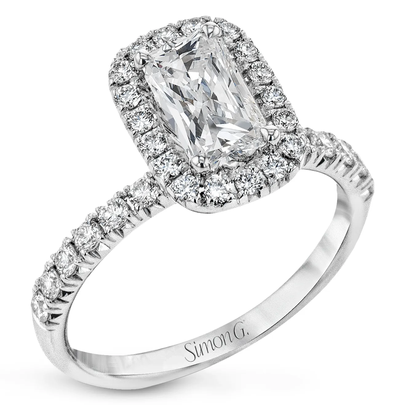 Emerald-cut Halo Engagement Ring & Matching Wedding Band in 18k Gold with Diamonds