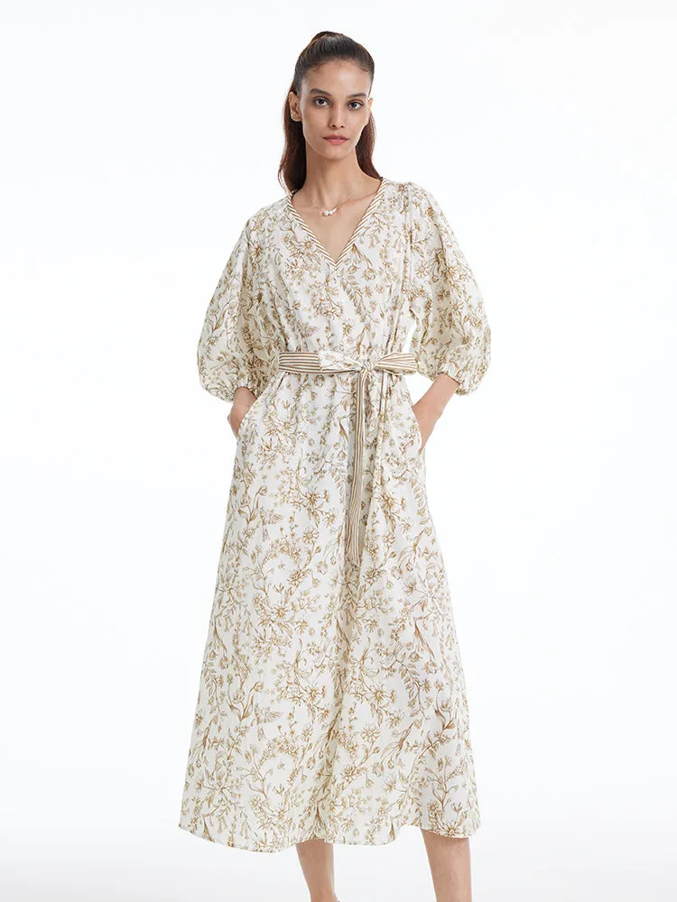 Floral Printed V-neck Puff Sleeve Maxi Dress