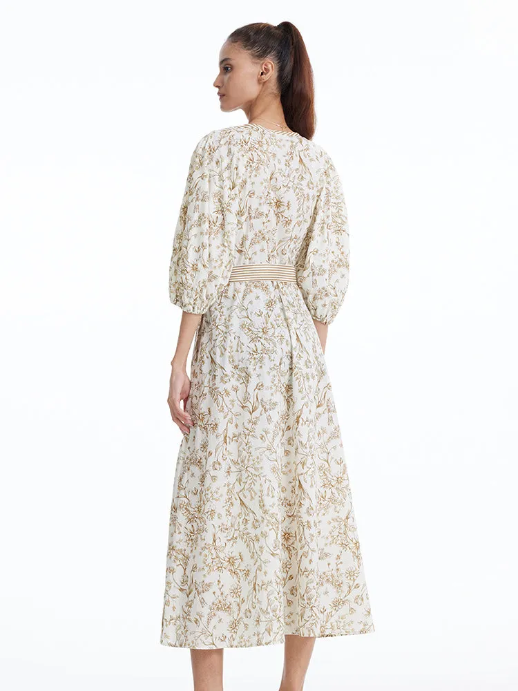 Floral Printed V-neck Puff Sleeve Maxi Dress