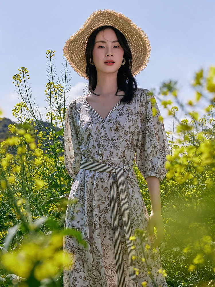 Floral Printed V-neck Puff Sleeve Maxi Dress