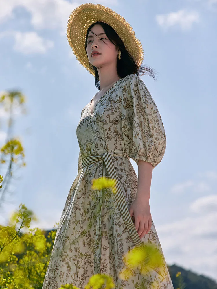 Floral Printed V-neck Puff Sleeve Maxi Dress