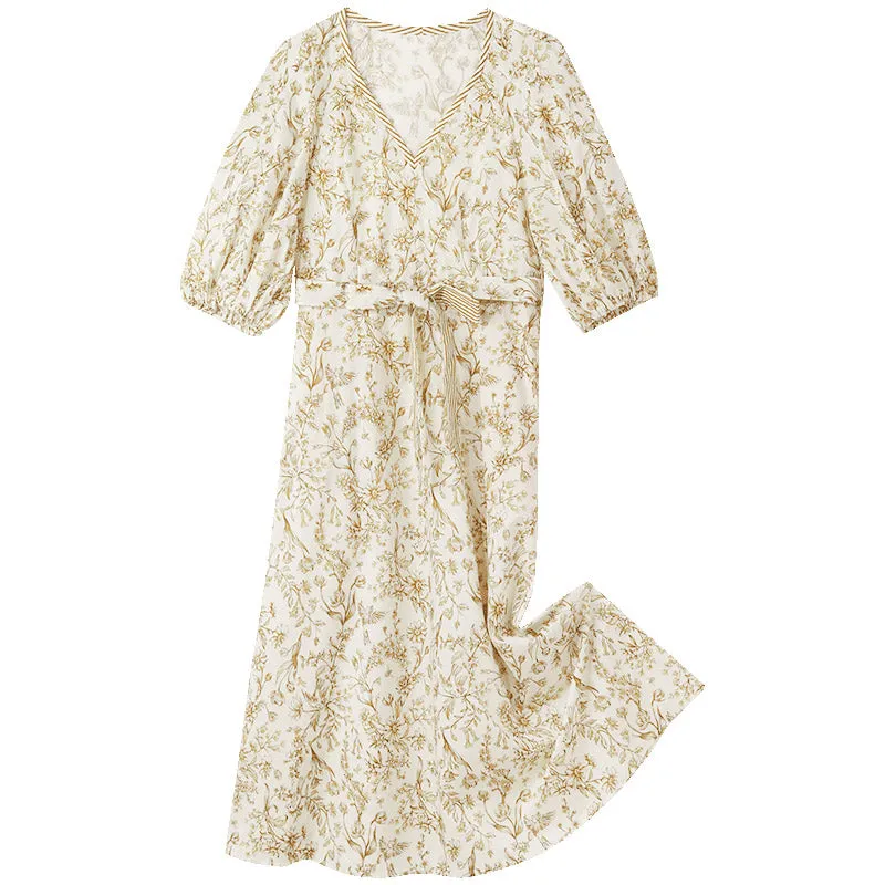 Floral Printed V-neck Puff Sleeve Maxi Dress