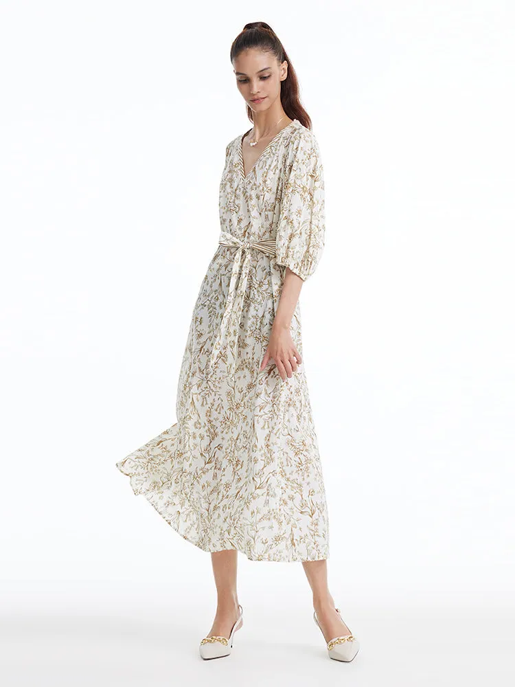 Floral Printed V-neck Puff Sleeve Maxi Dress