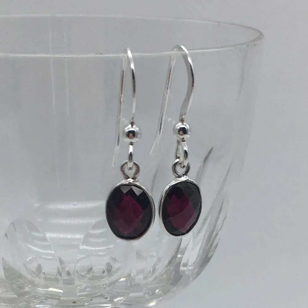 Gemstone earrings with garnet (red) crystal drops on silver or gold hooks