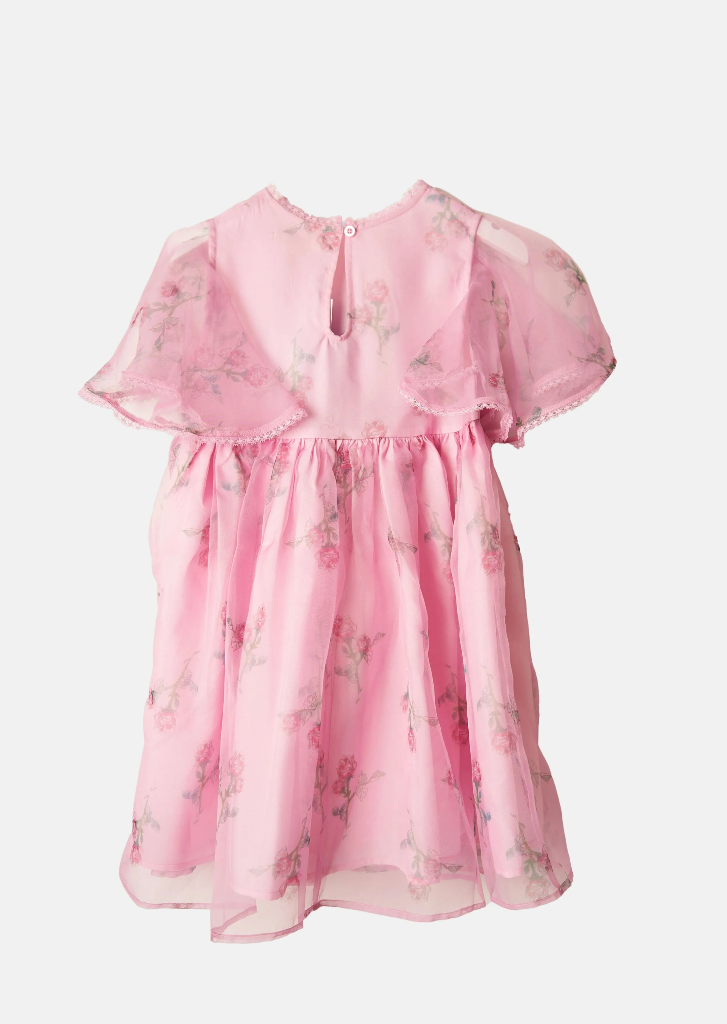 Girls Floral Printed Pink Dress with Cape Sleeves