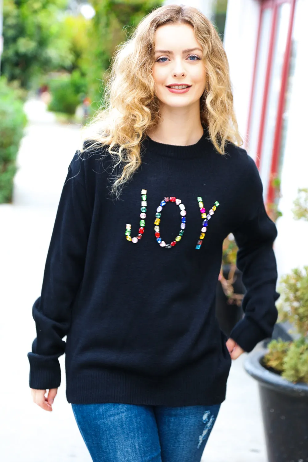 Give Back JOY Jewel Beaded Black Sweater