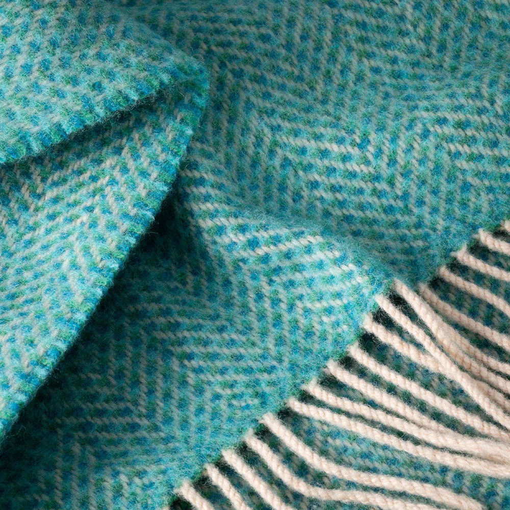 Green & Aqua Herringbone Merino & Cashmere Blanket