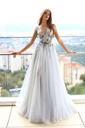 IRIS * Light Blue Ball Gown with Floral and Butterfly Design