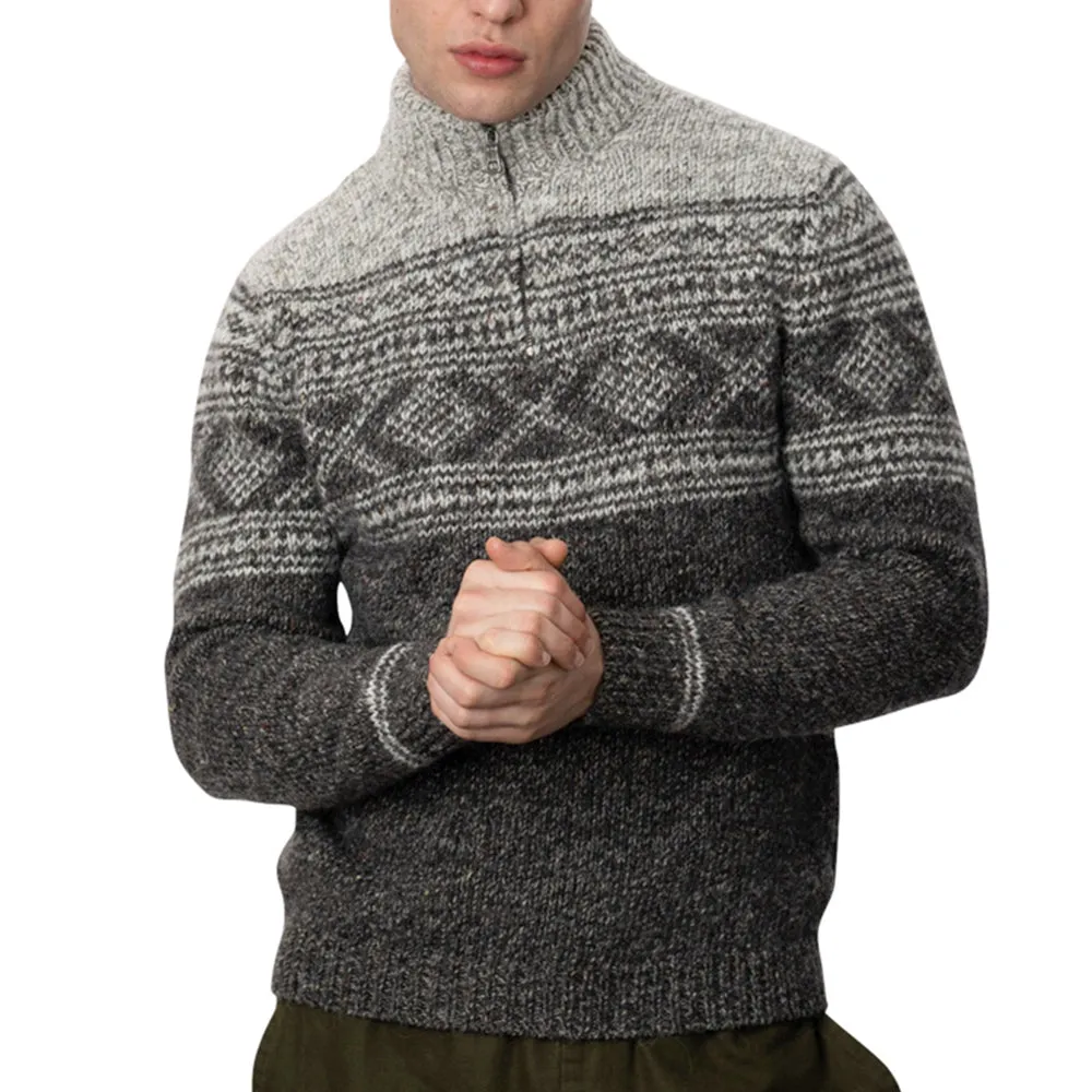 Jacquard Pattern Zip Neck Sweater