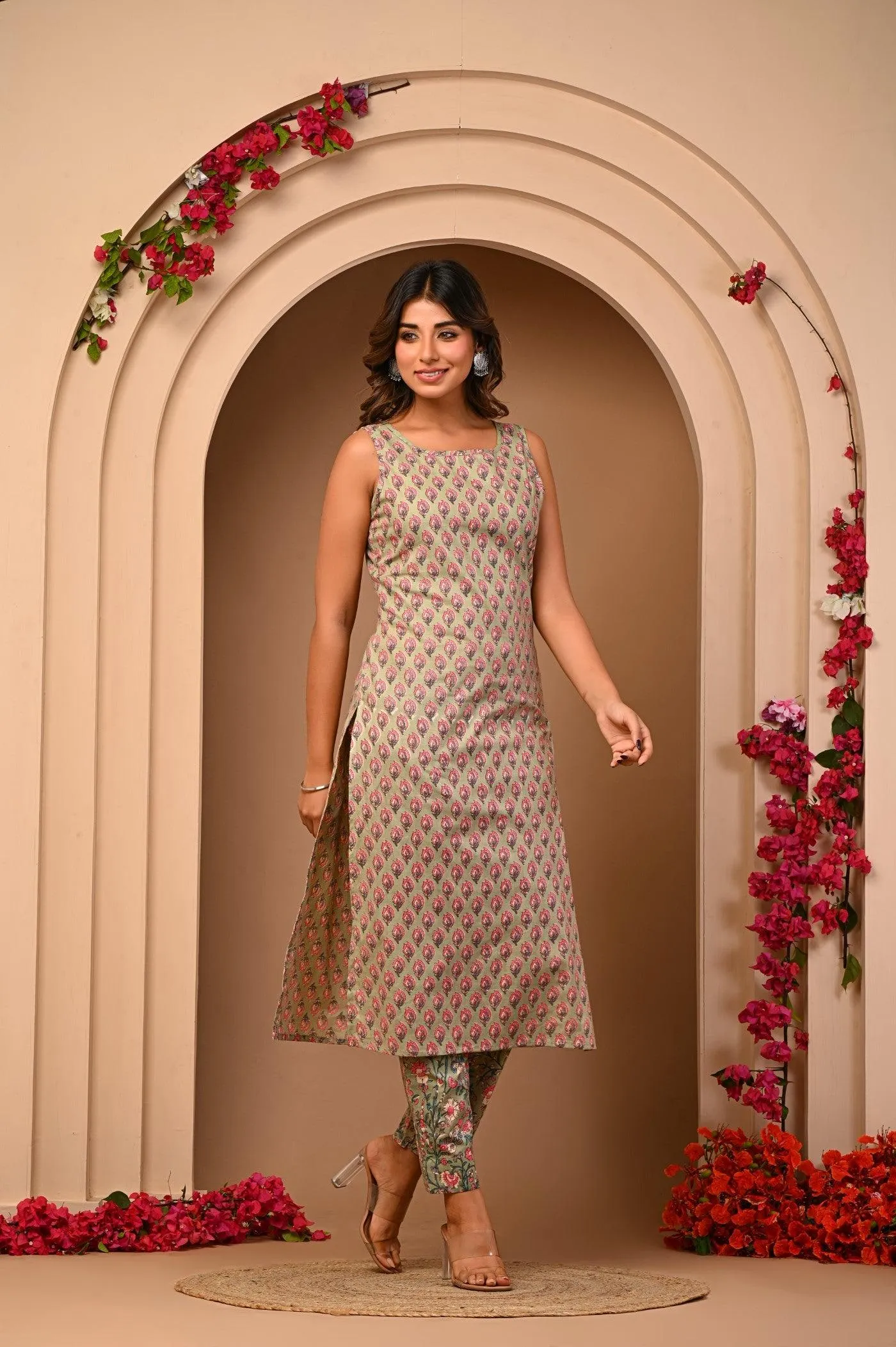 Jaipuri Green Booti Kurti Set