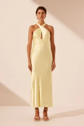 LA LUNE CROSS FRONT KEYHOLE MIDI DRESS - LEMON