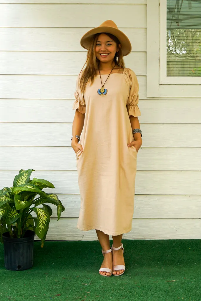 Light Brown Organic Natural Cotton Maxi Dress with Pockets