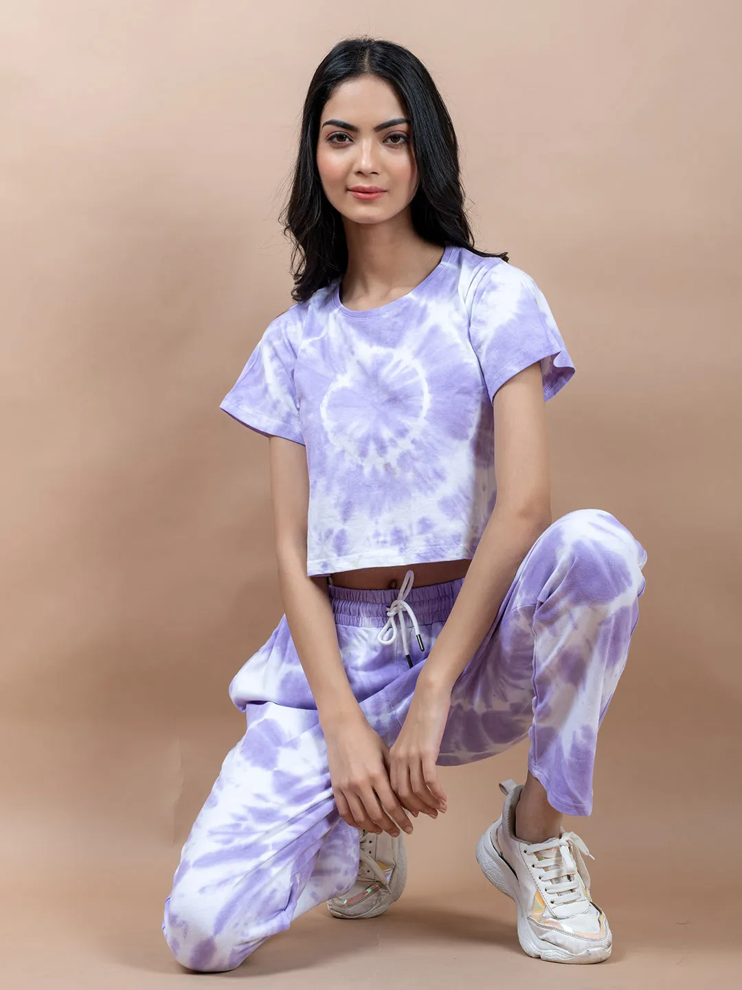 Light Purple Color Tie-Dye Cotton Crop Top and Jogger Set For Women