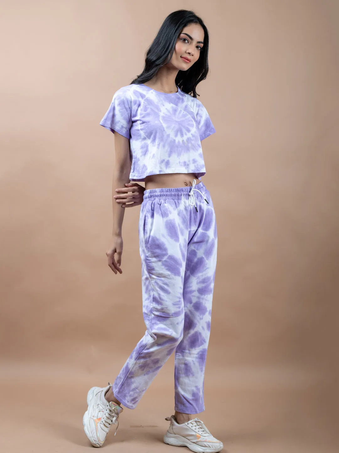 Light Purple Color Tie-Dye Cotton Crop Top and Jogger Set For Women