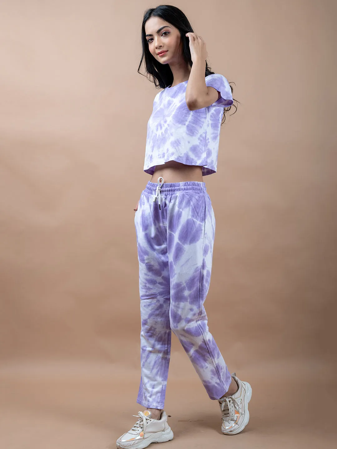 Light Purple Color Tie-Dye Cotton Crop Top and Jogger Set For Women