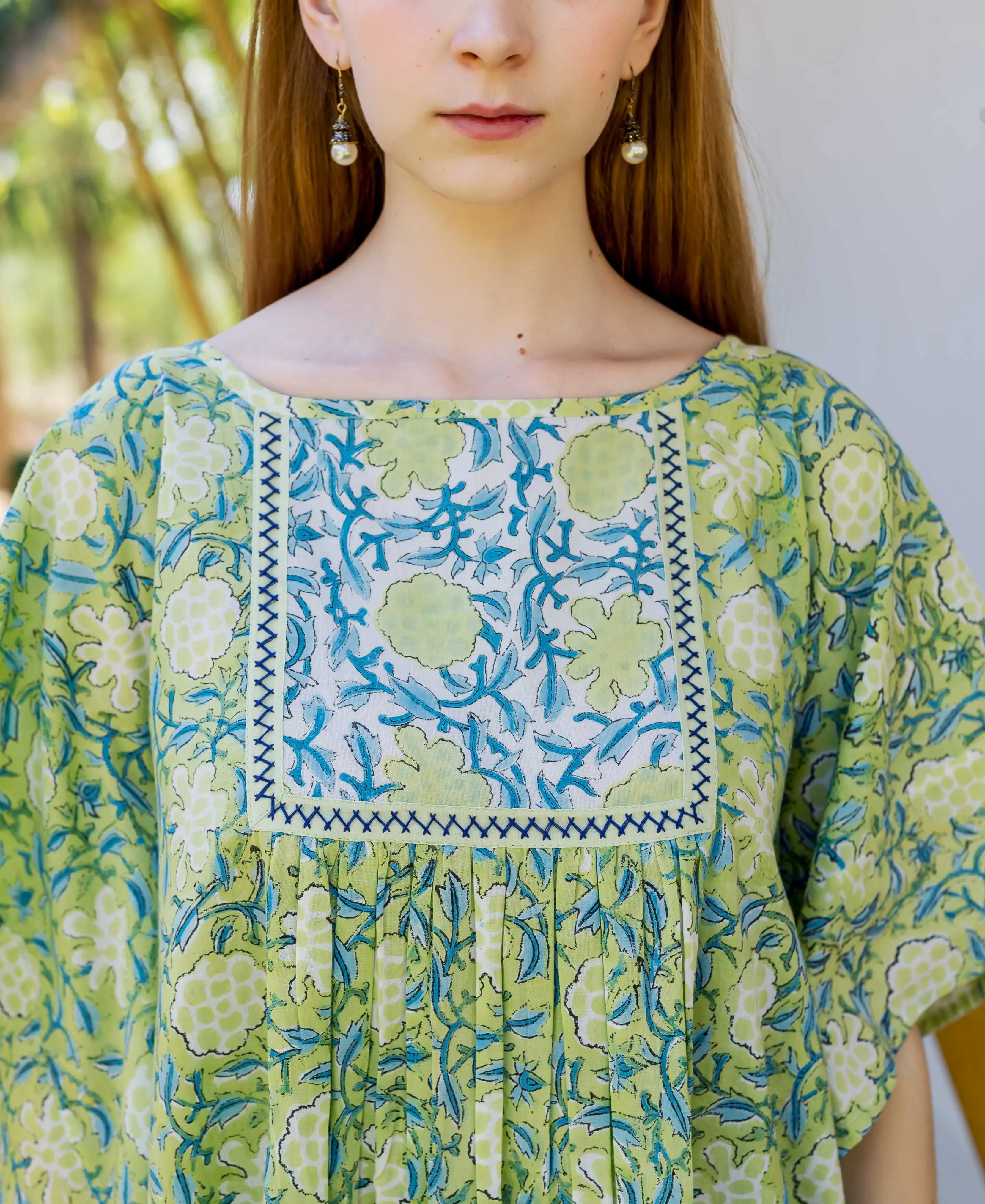 Lime Green Hand Block Printed Kaftan Top