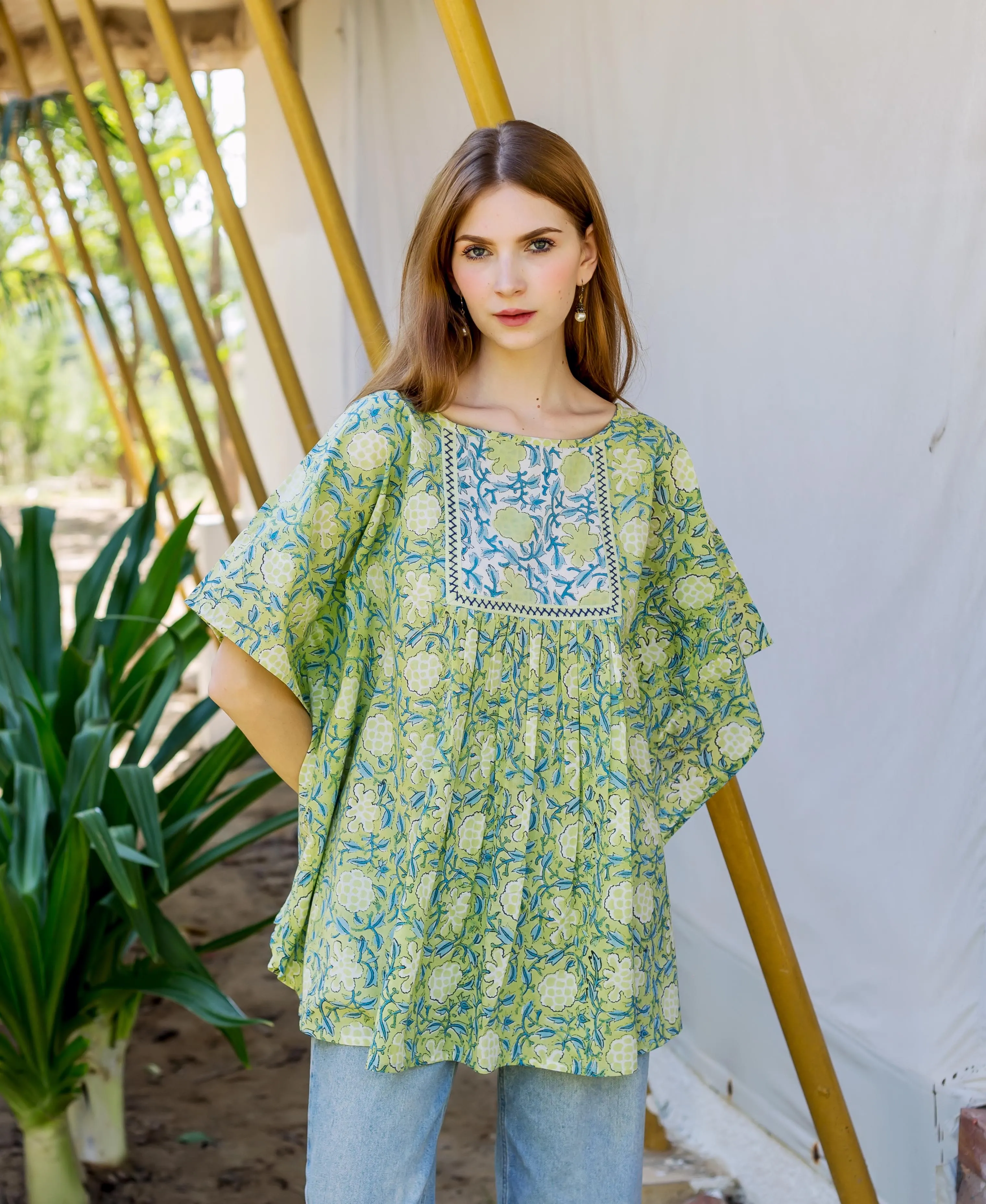 Lime Green Hand Block Printed Kaftan Top