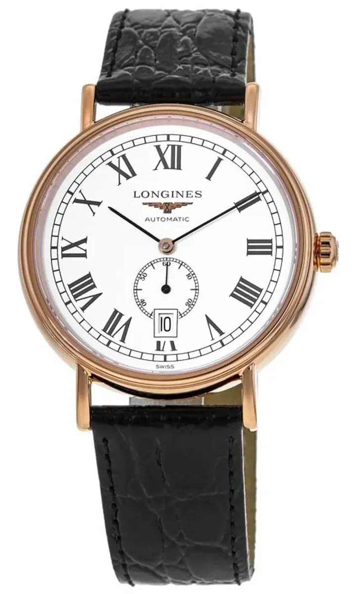 Longines Presence Automatic Rose Gold PVD White Dial Black Leather Strap Date Mens Watch L4.905.1.11.2