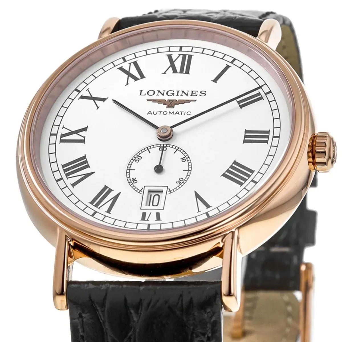 Longines Presence Automatic Rose Gold PVD White Dial Black Leather Strap Date Mens Watch L4.905.1.11.2