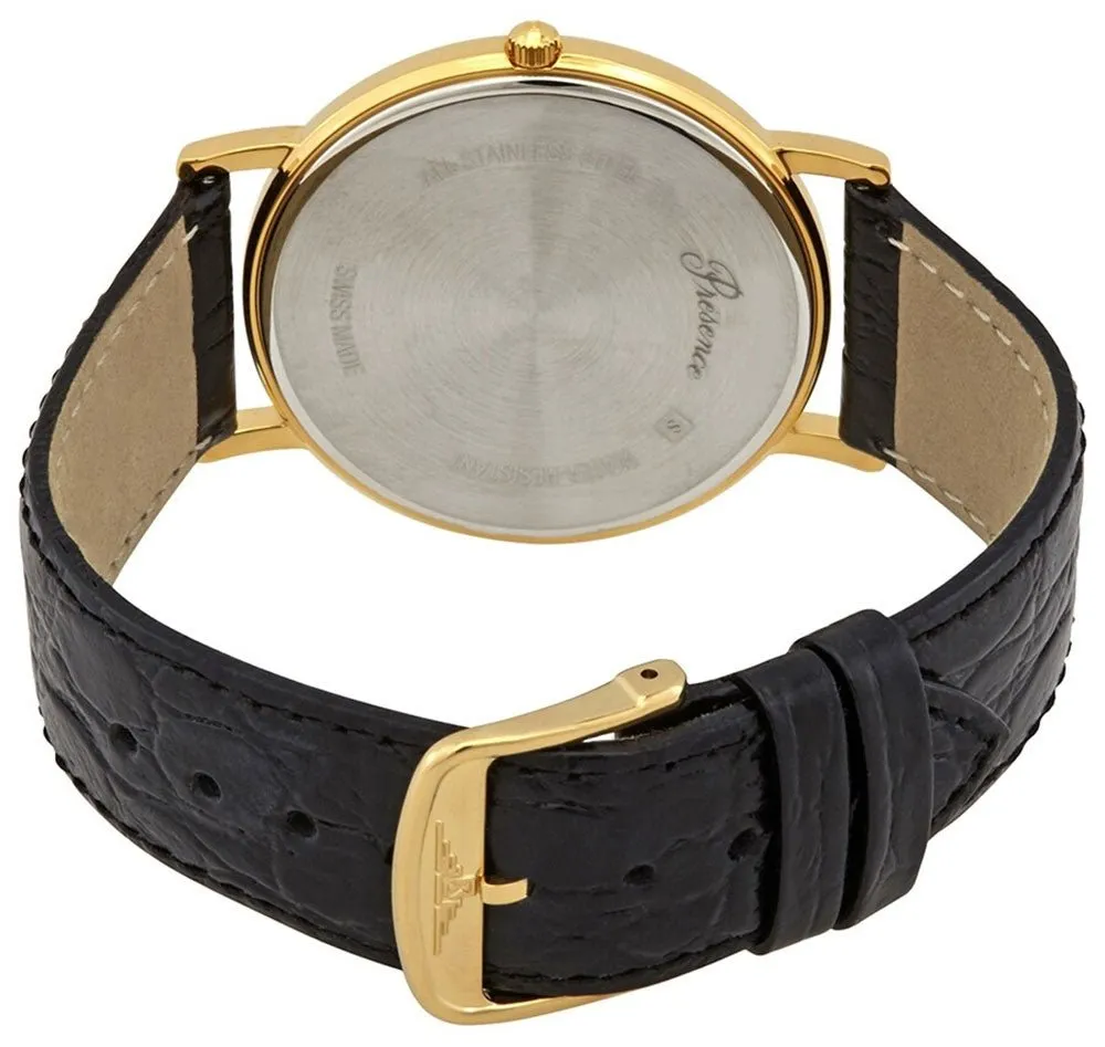 Longines Presence Yellow Gold PVD White Dial Black Leather Strap Date Quartz Mens Watch L4.790.2.11.2