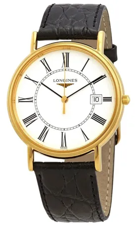 Longines Presence Yellow Gold PVD White Dial Black Leather Strap Date Quartz Mens Watch L4.790.2.11.2