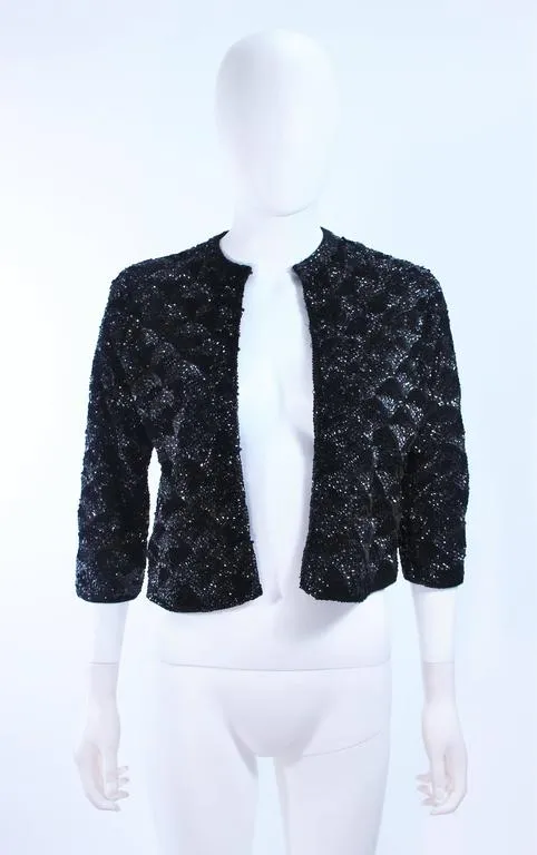 MAI JACOB 1960s Black Sequin Cardigan with Fan Pattern Size 4-6