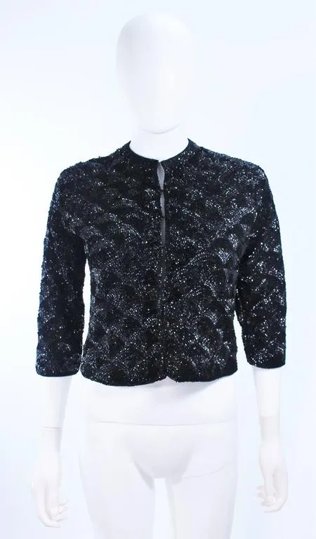 MAI JACOB 1960s Black Sequin Cardigan with Fan Pattern Size 4-6