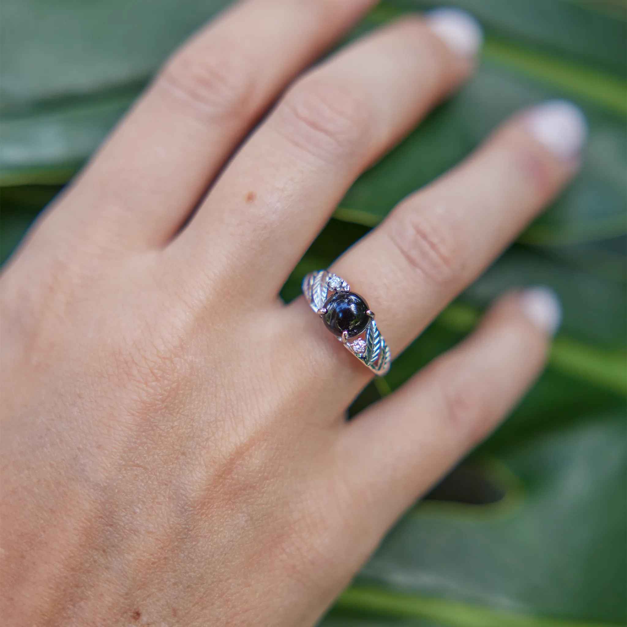 Maile Black Coral Ring in White Gold with Diamonds