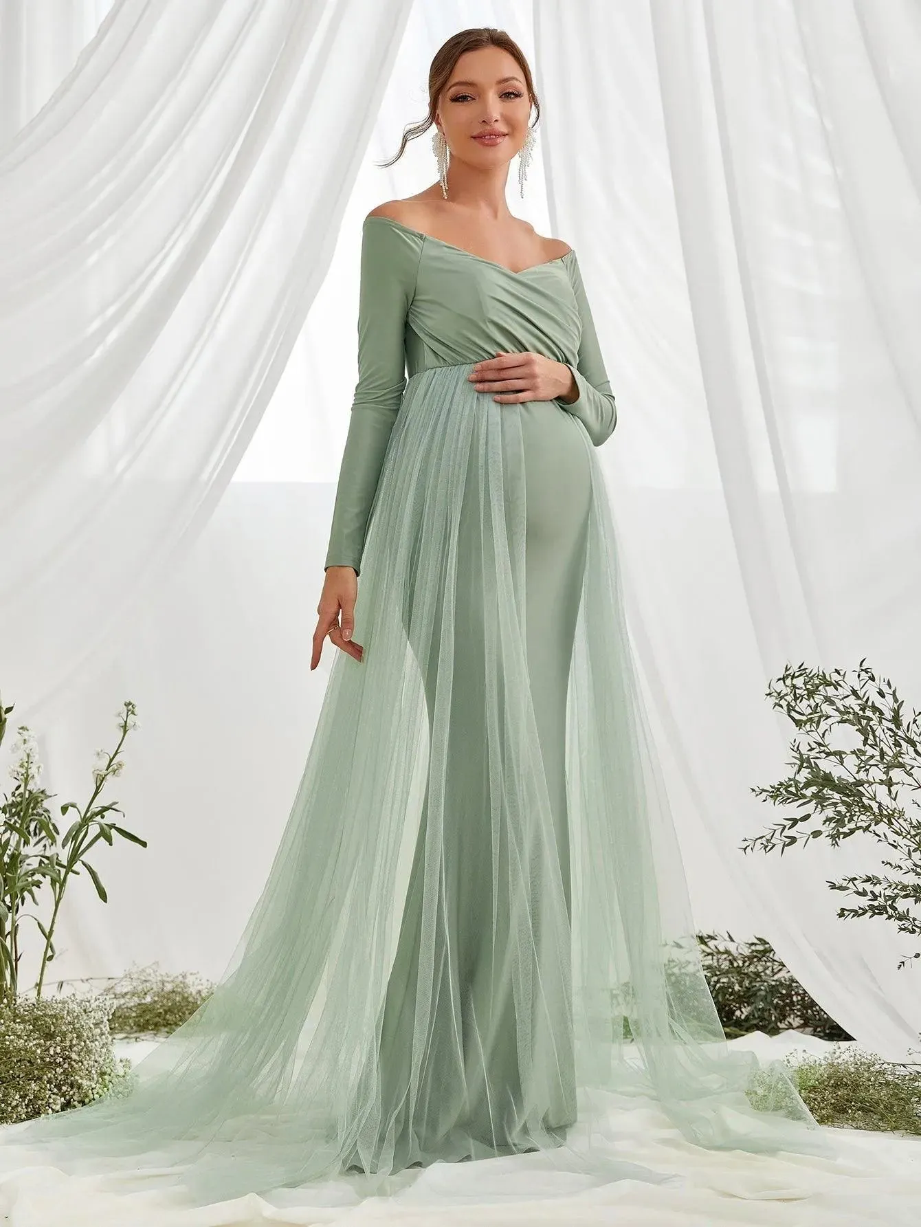 Maternity Off Shoulder Contrast Mesh Mermaid Dress