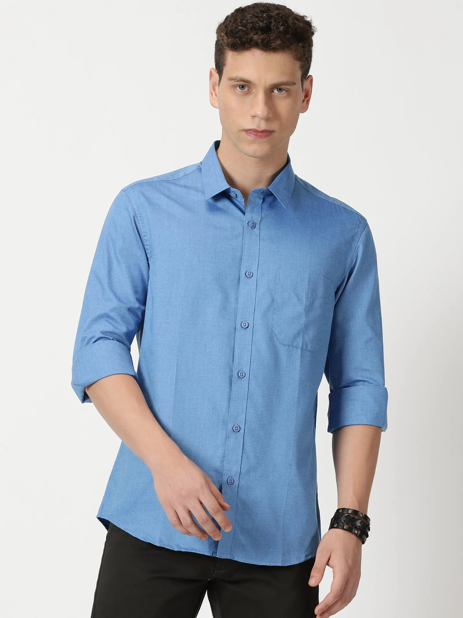 MEN'S  BLUE PLAIN SLIM FIT SHIRT