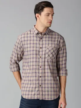 MEN'S BROWN, BLUE CHECK SLIM FIT SHIRT