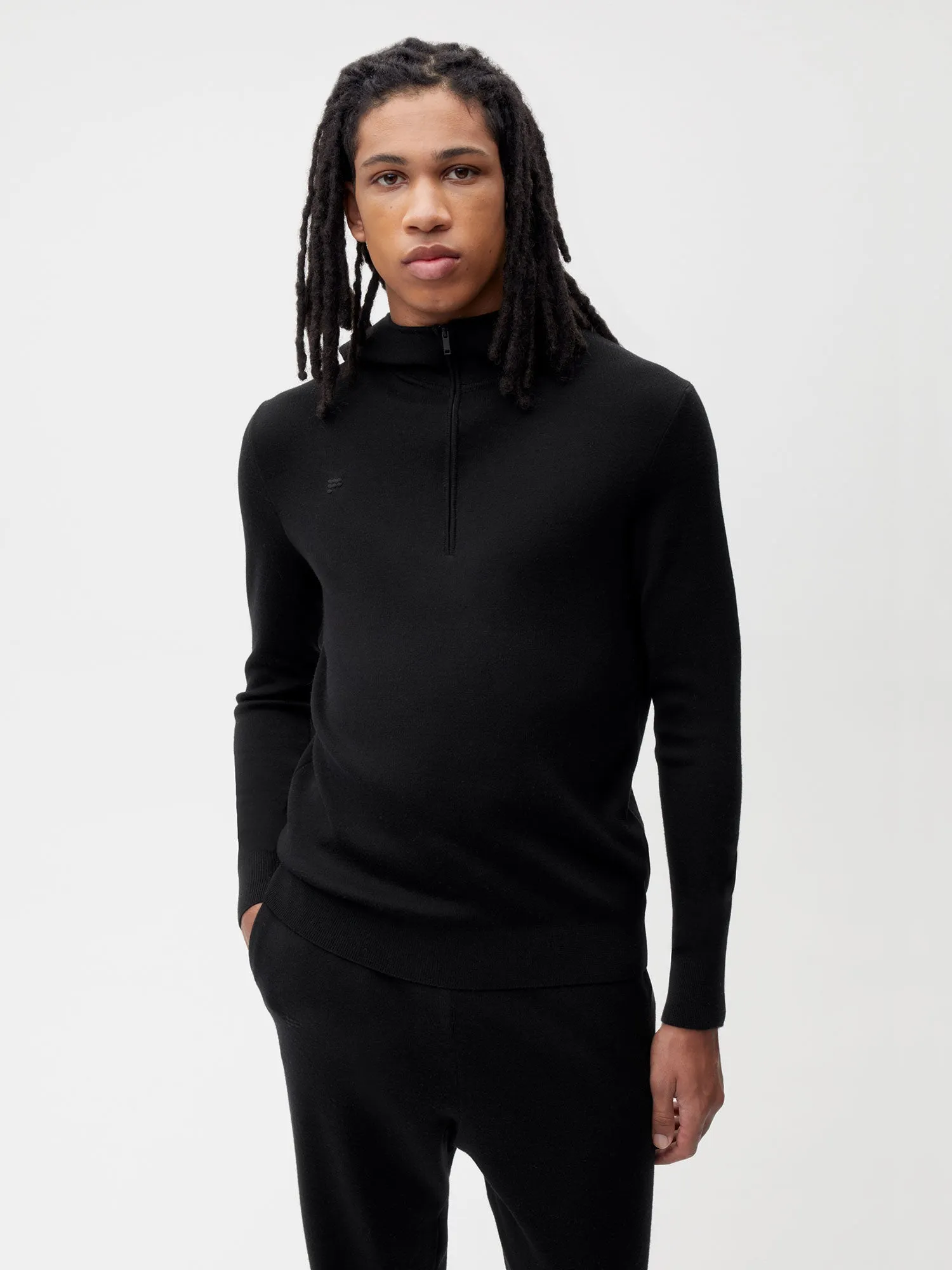 Mens Merino Wool Half Zip Hoodie—black