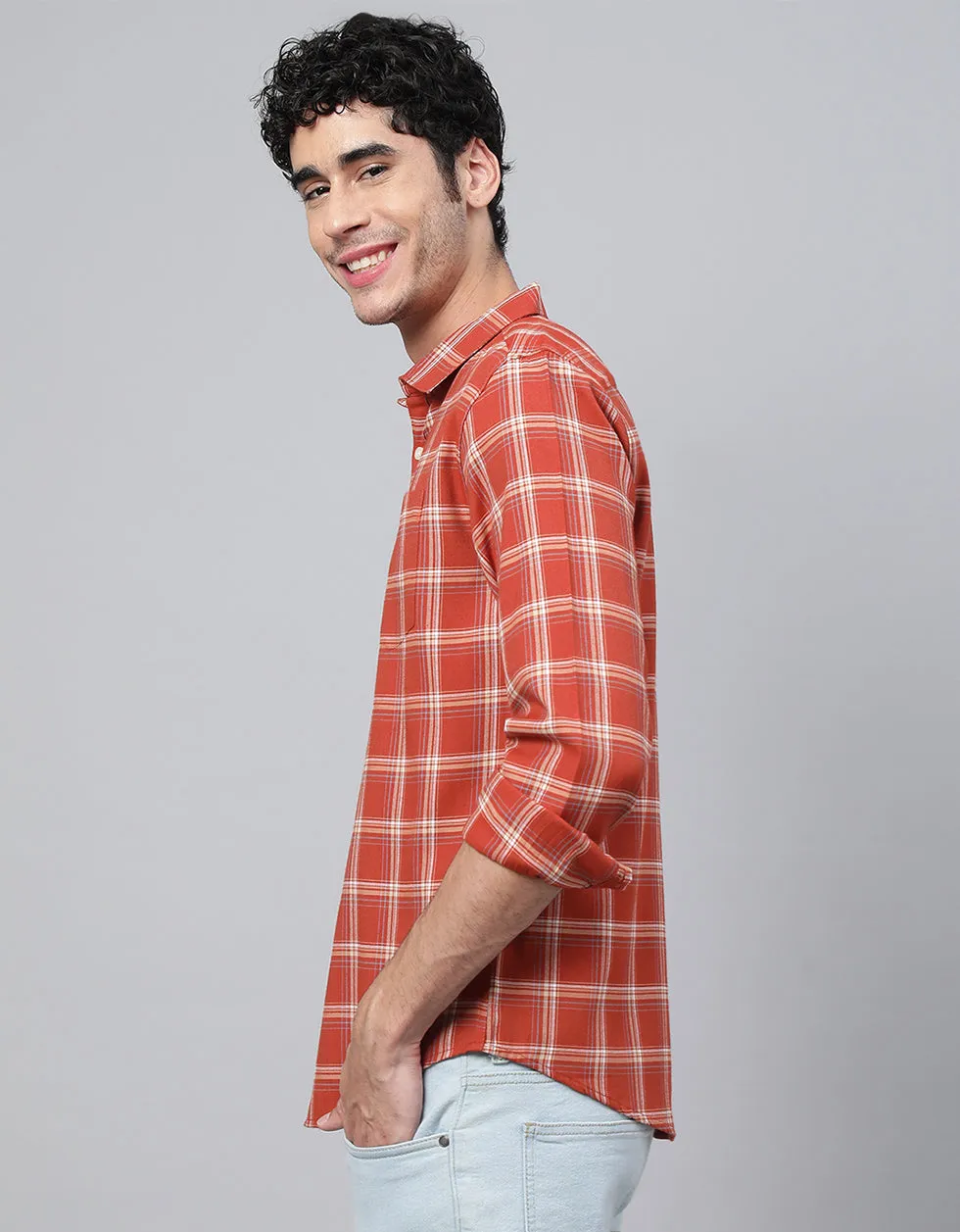 Orange Checks Printed Shirt