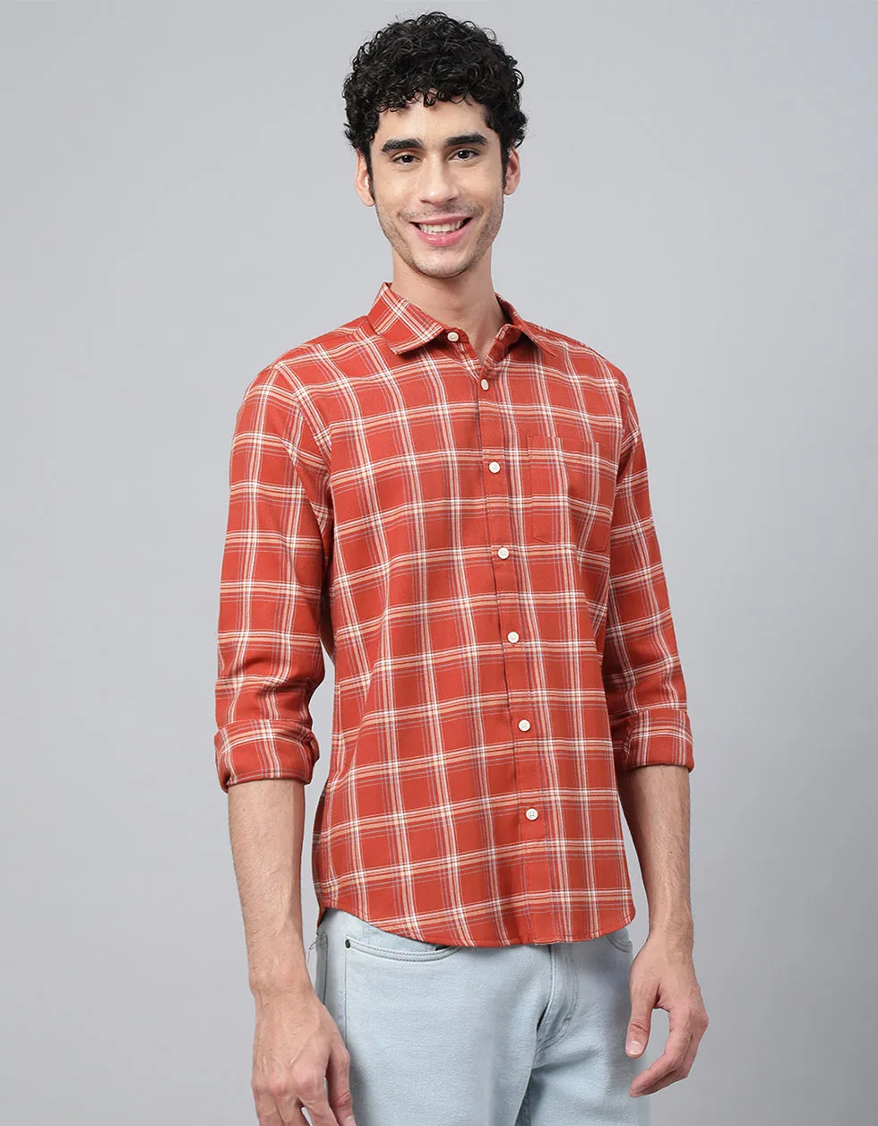 Orange Checks Printed Shirt