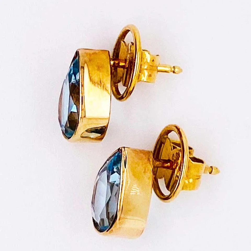 Pear Blue Topaz Bezel Stud Earrings