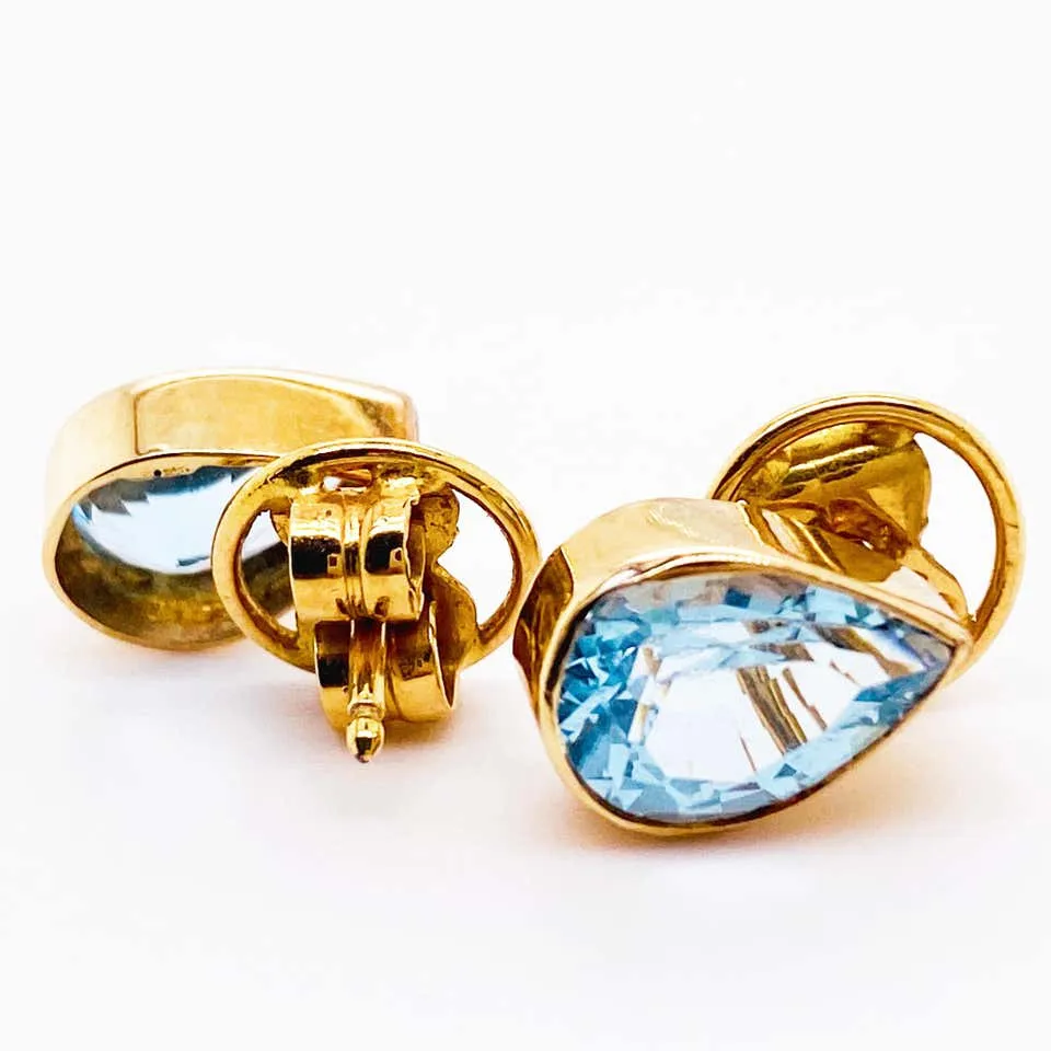 Pear Blue Topaz Bezel Stud Earrings