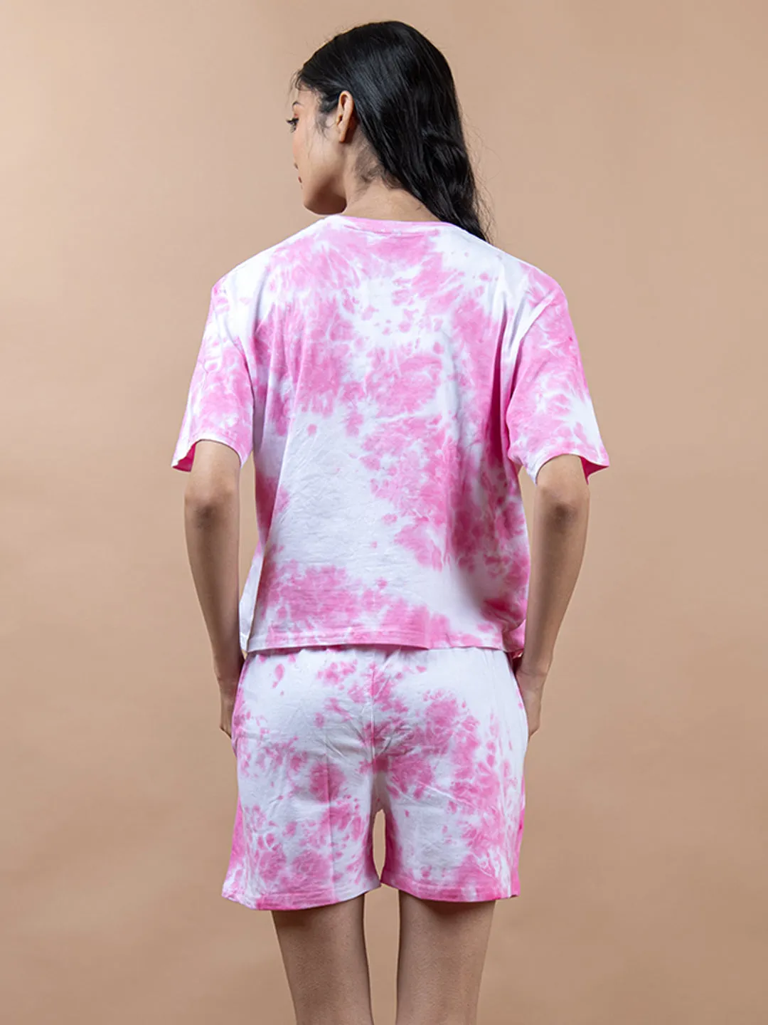 Pink Color Tie-Dye Cotton T-Shirt and Shorts Set For Women