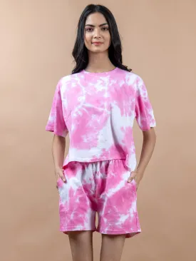 Pink Color Tie-Dye Cotton T-Shirt and Shorts Set For Women