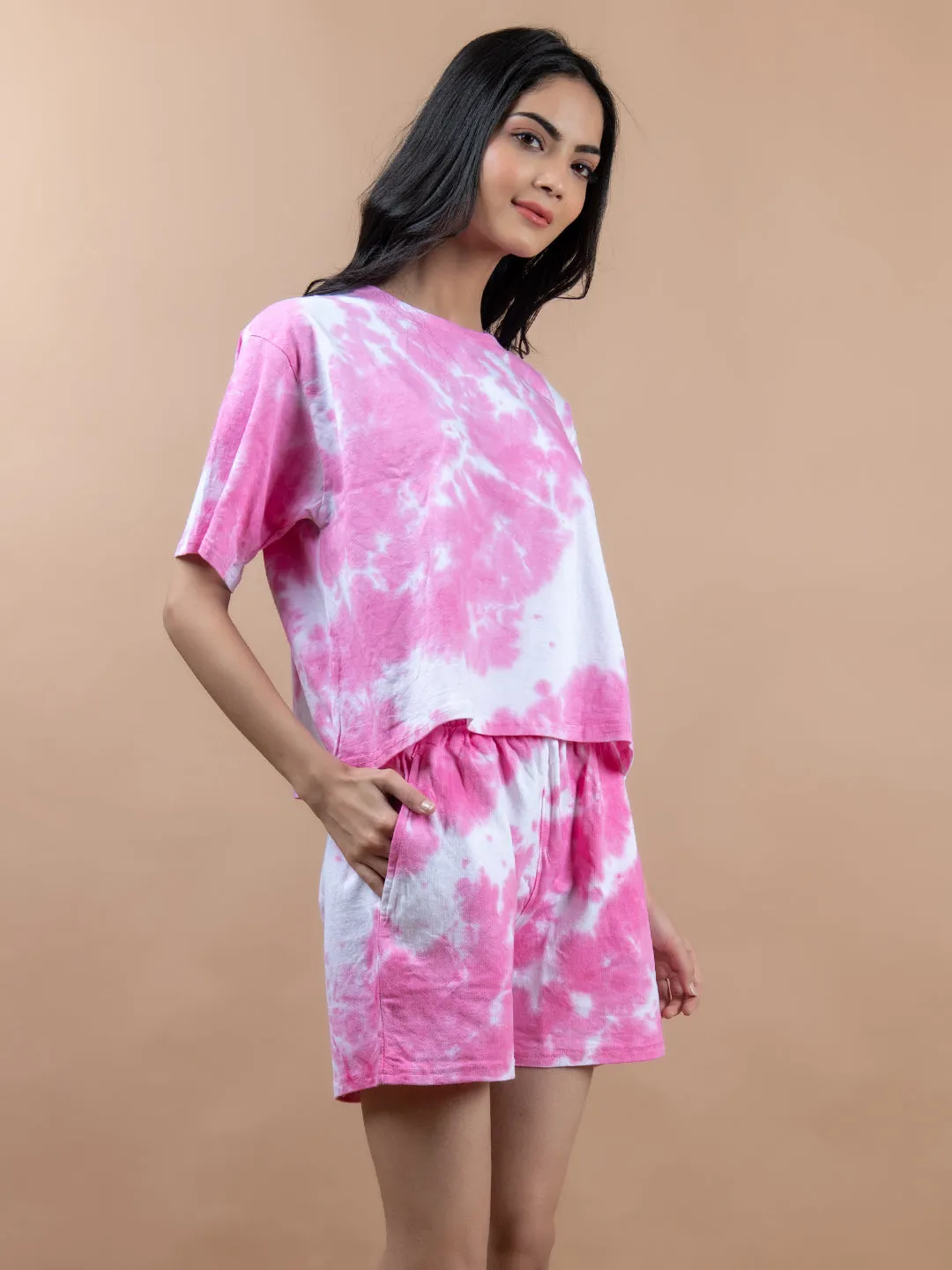 Pink Color Tie-Dye Cotton T-Shirt and Shorts Set For Women