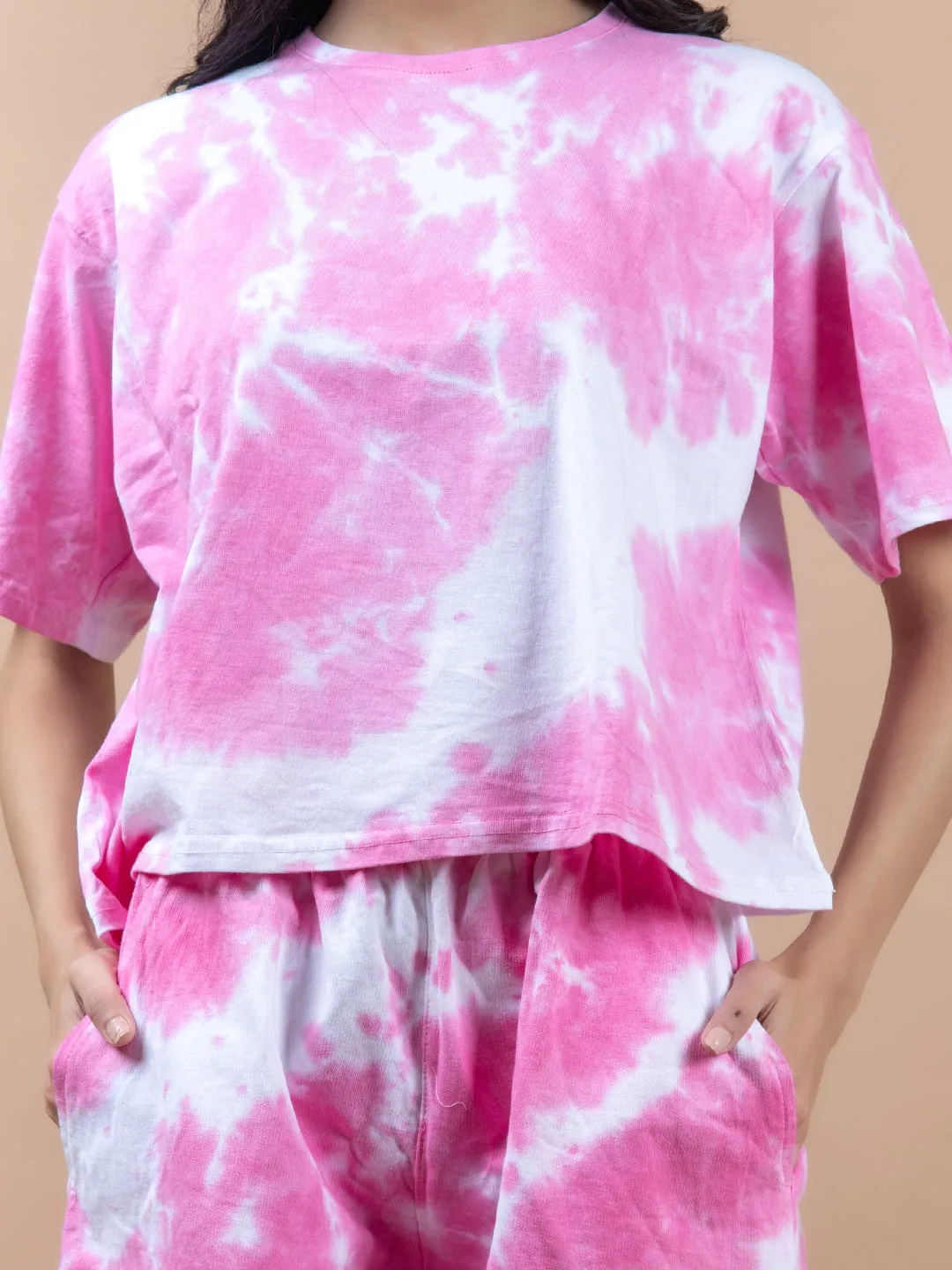 Pink Color Tie-Dye Cotton T-Shirt and Shorts Set For Women