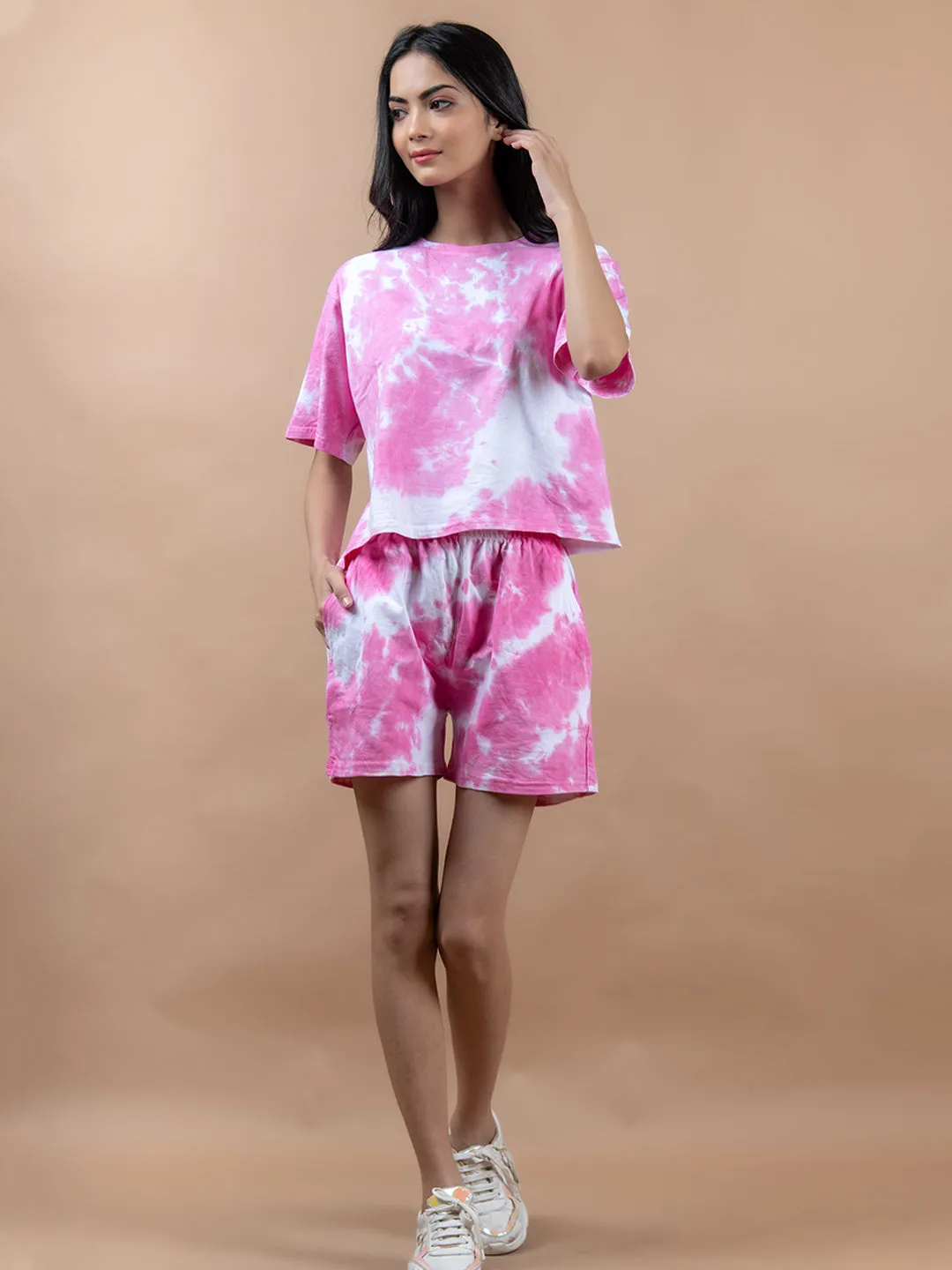 Pink Color Tie-Dye Cotton T-Shirt and Shorts Set For Women