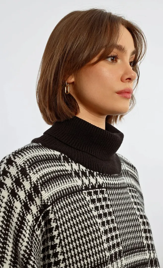 Plaid Turtleneck Poncho