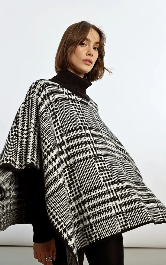 Plaid Turtleneck Poncho