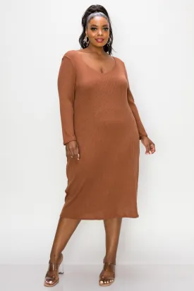 Plunge Neck Vegan Cashmere Rib Midi Dress