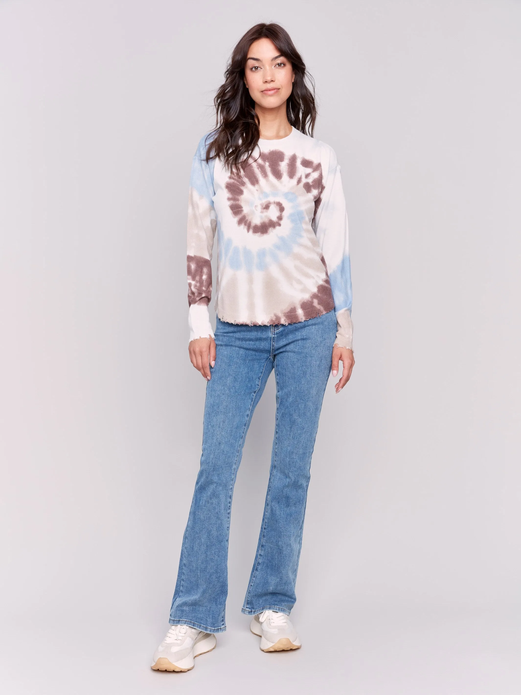 Printed Frayed Edge Round Hem Sweater - Frost