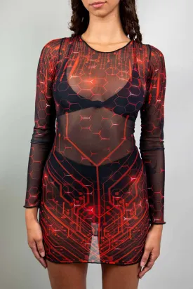 Red Singularity Mesh Long Sleeve Dress