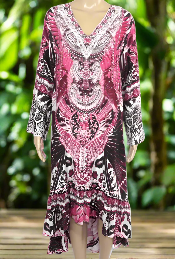 Silk Hi-Low Frill Dress - Amur-Pink-kaftans that bling