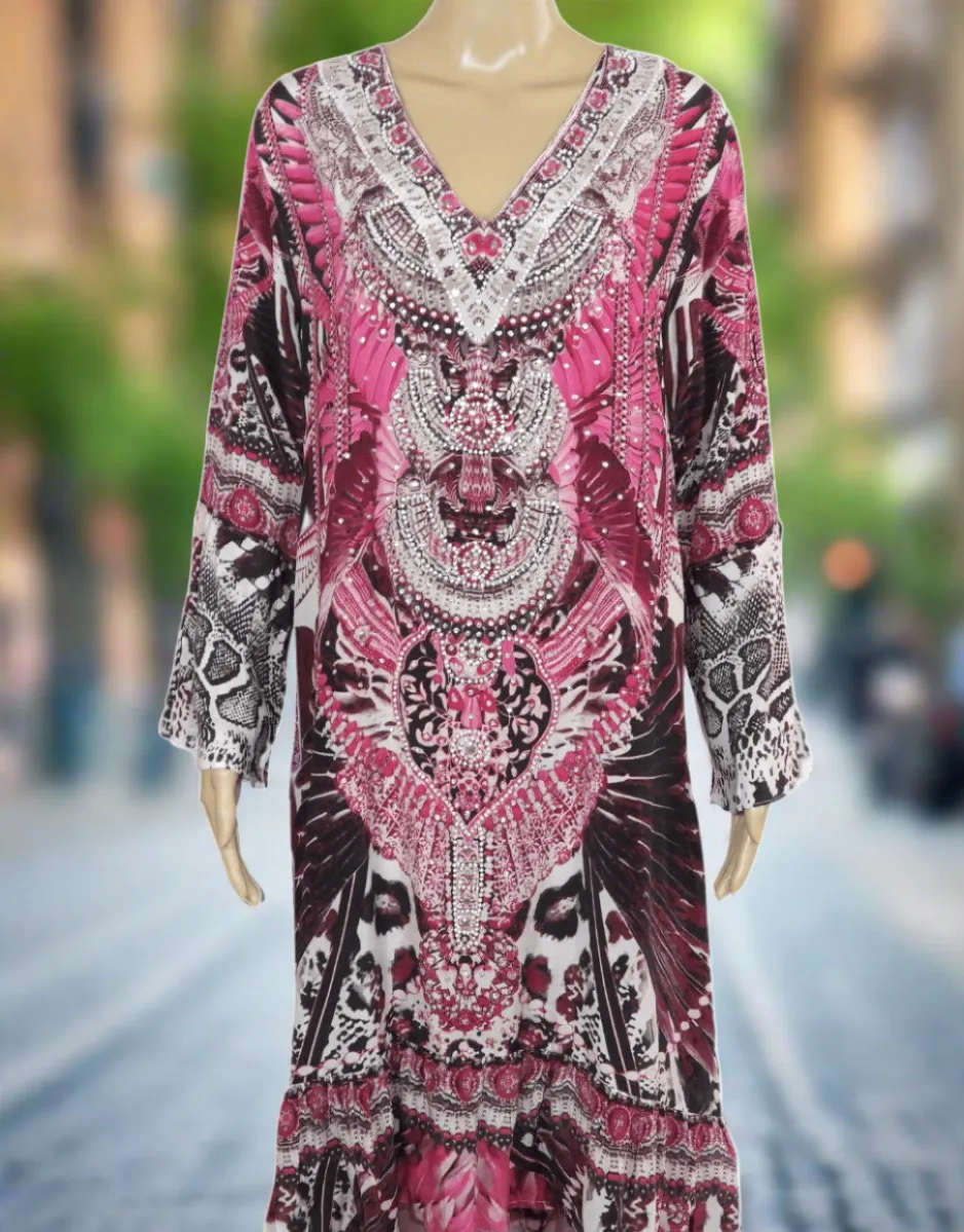 Silk Hi-Low Frill Dress - Amur-Pink-kaftans that bling